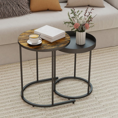Homcom Nesting Side Table Set Of 2, Industrial Round Nest Of Tables, Brown - image 1