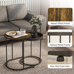 Homcom Nesting Side Table Set Of 2, Industrial Round Nest Of Tables, Brown - thumbnail 6