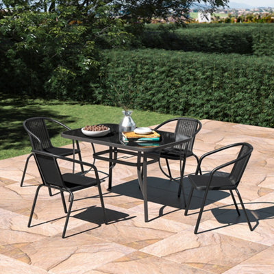 Living And Home Set Of 5 Black 4 Seater Garden Furniture Set Patio Glass Rectangular Umbrella Table And Stackable Chairs Set 120 Cm - image 1
