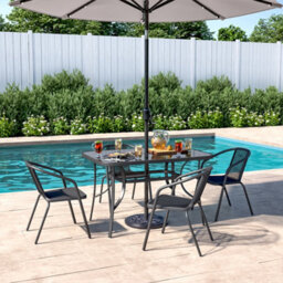 Living And Home Set Of 5 Black 4 Seater Garden Furniture Set Patio Glass Rectangular Umbrella Table And Stackable Chairs Set 120 Cm - thumbnail 2