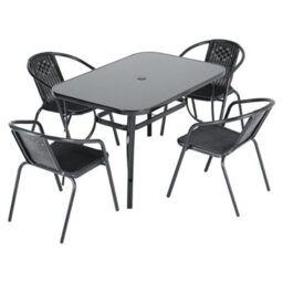 Living And Home Set Of 5 Black 4 Seater Garden Furniture Set Patio Glass Rectangular Umbrella Table And Stackable Chairs Set 120 Cm - thumbnail 4