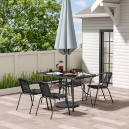 Living And Home Set Of 5 Black 4 Seater Garden Furniture Set Patio Glass Rectangular Umbrella Table And Stackable Chairs Set 120 Cm - thumbnail 3