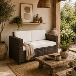 Wyld Haus Sese Rattan 2-Seater Outdoor Sofa Brown With Cream White Cushions - L130 X D70 X H80Cm