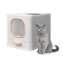 Darphe Pink Enclosed Folding Cat Litter Box Toilet With Scoop, 38Cm W X 51Cm D X 39Cm H - thumbnail 1