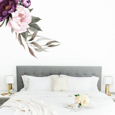 Rich Plum Peonies Corner Floral Wall Sticker (Left Hand Side)- Removable Peel & Stick Vinyl Decal - image 1