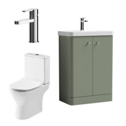 Nuie Core Cloakroom Set Floor Standing Vanity Unit Curve 600mm Basin Tap Wc Satin Green