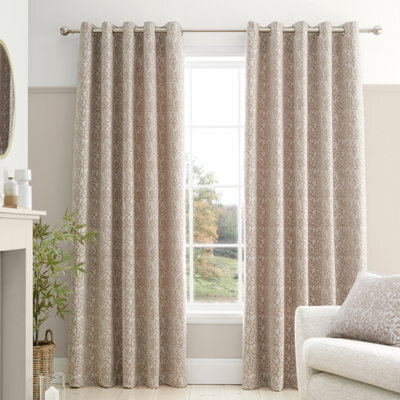 Bianca Fine Linens Chenille Leaves 90X90 Inch Lined Eyelet Curtains Two Panels Natural - image 1