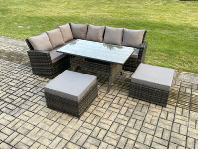 Fimous 8 Seater High Back Rattan Garden Furniture Set Corner Sofa With Rectangular Dining Table 2 Big Footstool Dark Grey Mixed - image 1