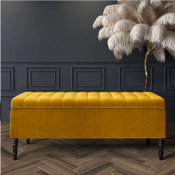 120Cm Paris Striped Ottoman Storage Bench- Plush Velvet Shoe Bench - Mustard Gold Upholstery Footstool With Storage