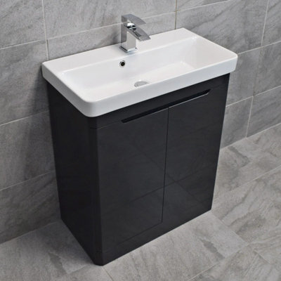 Hydros Vanity Unit 700mm Anthracite Grey Gloss 2 Door Ceramic Bathroom Sink Basin Ross - image 1