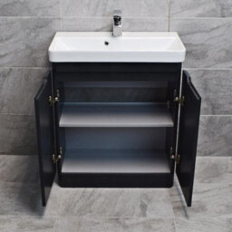 Hydros Vanity Unit 700mm Anthracite Grey Gloss 2 Door Ceramic Bathroom Sink Basin Ross - thumbnail 2