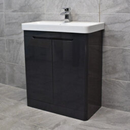 Hydros Vanity Unit 700mm Anthracite Grey Gloss 2 Door Ceramic Bathroom Sink Basin Ross - thumbnail 4
