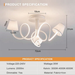 Harper Living 3 Lights Led Chandelier Ceiling Light, 72Cm Large Semi Flush Mount Ceiling Lamp With 3 Fabric Shades, 32 W 2000Lm - thumbnail 4