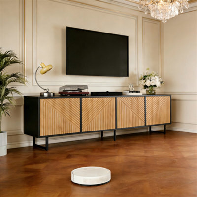 Btm 180 Cm Tv Stand For 75+ Inch Tvs  Modern Wood And Black Media Console With 4 Cabinets, Cable Management Storage - image 1