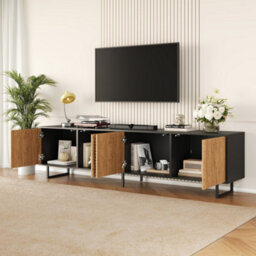 Btm 180 Cm Tv Stand For 75+ Inch Tvs  Modern Wood And Black Media Console With 4 Cabinets, Cable Management Storage - thumbnail 2