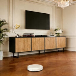 Btm 180 Cm Tv Stand For 75+ Inch Tvs  Modern Wood And Black Media Console With 4 Cabinets, Cable Management Storage