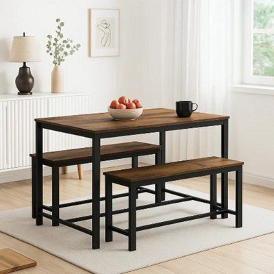 Urbn-Living 3 Pcs Wooden Kitchen Dining Living Room Table Metal Frame 2 Matching Benches Set - Rustic Brown - image 1