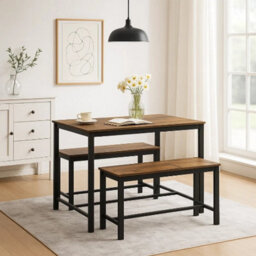 Urbn-Living 3 Pcs Wooden Kitchen Dining Living Room Table Metal Frame 2 Matching Benches Set - Rustic Brown - thumbnail 4
