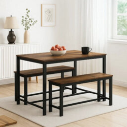 Urbn-Living 3 Pcs Wooden Kitchen Dining Living Room Table Metal Frame 2 Matching Benches Set - Rustic Brown - thumbnail 1