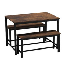 Urbn-Living 3 Pcs Wooden Kitchen Dining Living Room Table Metal Frame 2 Matching Benches Set - Rustic Brown - thumbnail 2