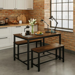 Urbn-Living 3 Pcs Wooden Kitchen Dining Living Room Table Metal Frame 2 Matching Benches Set - Rustic Brown - thumbnail 3