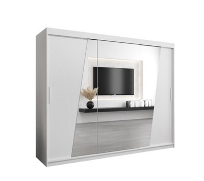 Arte Rhomb Contemporary Mirrored 3 Sliding Door Wardrobe 9 Shelves 2 Rails White Matt (H)2000mm (W)2500mm (D)620mm - image 1