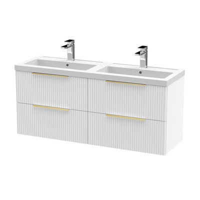 Balterley Fluted Front Wall Hung 4-Drawer Bathroom Vanity Unit With Double Basin, 1200mm, Satin White, Brushed Brass Handles - image 1