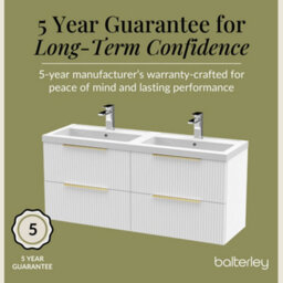 Balterley Fluted Front Wall Hung 4-Drawer Bathroom Vanity Unit With Double Basin, 1200mm, Satin White, Brushed Brass Handles - thumbnail 6