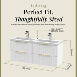 Balterley Fluted Front Wall Hung 4-Drawer Bathroom Vanity Unit With Double Basin, 1200mm, Satin White, Brushed Brass Handles - thumbnail 5