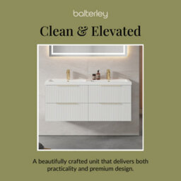 Balterley Fluted Front Wall Hung 4-Drawer Bathroom Vanity Unit With Double Basin, 1200mm, Satin White, Brushed Brass Handles - thumbnail 7