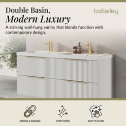 Balterley Fluted Front Wall Hung 4-Drawer Bathroom Vanity Unit With Double Basin, 1200mm, Satin White, Brushed Brass Handles - thumbnail 2