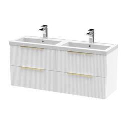 Balterley Fluted Front Wall Hung 4-Drawer Bathroom Vanity Unit With Double Basin, 1200mm, Satin White, Brushed Brass Handles - thumbnail 1