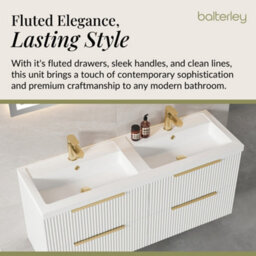Balterley Fluted Front Wall Hung 4-Drawer Bathroom Vanity Unit With Double Basin, 1200mm, Satin White, Brushed Brass Handles - thumbnail 4