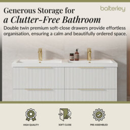 Balterley Fluted Front Wall Hung 4-Drawer Bathroom Vanity Unit With Double Basin, 1200mm, Satin White, Brushed Brass Handles - thumbnail 3