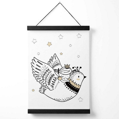 Artze Wall Art Scandi Princess Little Girl And Flying Bird Art Print With Black Frame Size: A4 - image 1