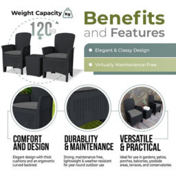 Homeology Ophelia 3-Piece Rattan Garden Furniture High Back Armchair Set With Side Table In Black - thumbnail 2