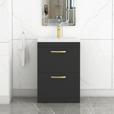 Royal Bathrooms Turin 600mm Floor Standing Vanity Unit Matt Black 2 Drawer Mid-Edge Basin With Brushed Brass Handles - image 1