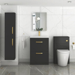 Royal Bathrooms Turin 600mm Floor Standing Vanity Unit Matt Black 2 Drawer Mid-Edge Basin With Brushed Brass Handles - thumbnail 4