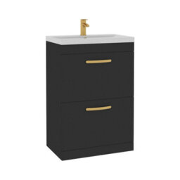 Royal Bathrooms Turin 600mm Floor Standing Vanity Unit Matt Black 2 Drawer Mid-Edge Basin With Brushed Brass Handles - thumbnail 6