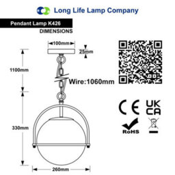 Long Life Lamps Company Industrial Nautical Ceiling Pendant Light Opal Globe Glass Black Chain Suspended K426 - thumbnail 2