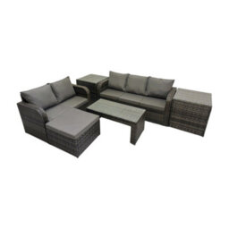 Fimous Rattan Garden Outdoor Furniture Set 3 Seater Sofa Love Sofa Coffee Table With Big Footstool 2 Side Tables Dark Grey Mixed - thumbnail 1