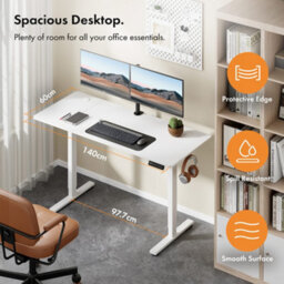 Vonhaus Electric Standing Desk, Height Adjustable Sit Stand Desk, 3 Height Preset Technology With Anti Collision, 140X60Cm, White - thumbnail 2