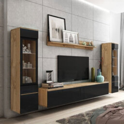 Vera Ii Wall Unit Living Room Storage System Wotan With Black Gloss And Led Lights - thumbnail 2