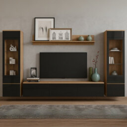 Vera Ii Wall Unit Living Room Storage System Wotan With Black Gloss And Led Lights