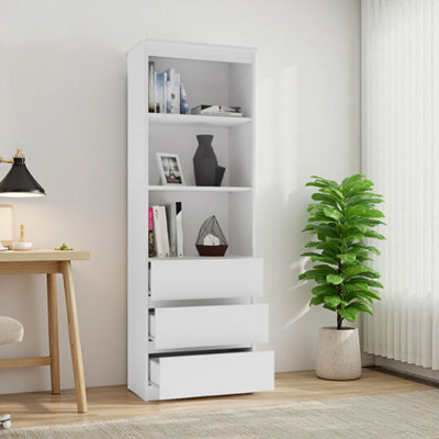 Living And Home White Wooden Bookcase With 3 Drawers 60Cm X 35Cm X 180Cm - image 1
