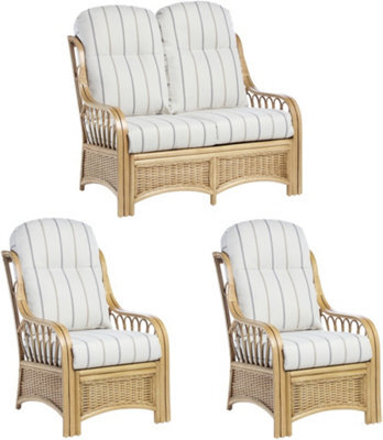 Desser Vale Light Oak 2 Seater Sofa & 2 Armchairs Indoor Real Cane Rattan Conservatory Suite With Uk Sewn Cushions In Linen Taupe - image 1