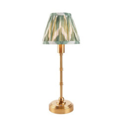 Luminosa Lighting Luminosa Burley Rechargeable Brushed Aged Brass Plate Table Lamp With Cotswold Green Fabric Zigzag Shade 16Cm Integrated Led