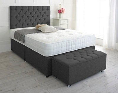 Adore Designs Chesterfield Chenille Divan Bed, With Pocket Mattress & Ottoman Storage Box - 5Ft Kingsize - Black - 2 Drawers Same Side