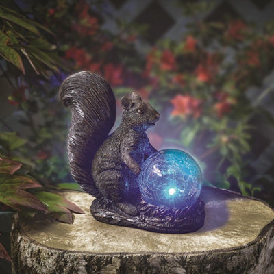 Solar Powered Led Squirrel Garden Ornament - Hand Painted Polyresin Sculpture With Light Up Crackle Ball - H18.5 X W19.5 X D9Cm - image 1