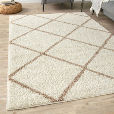 The Rugs Moroccan Shaggy Rugs And Runners Soft Fluffy Diamond Design High Pile Ivory And Beige Living Room Kitchen Hallway 530 - image 1